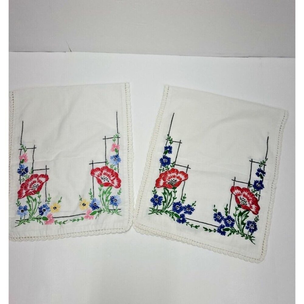 Vintage Handmade Embroidered Table Runners Floral Set of 2 Lace Edges